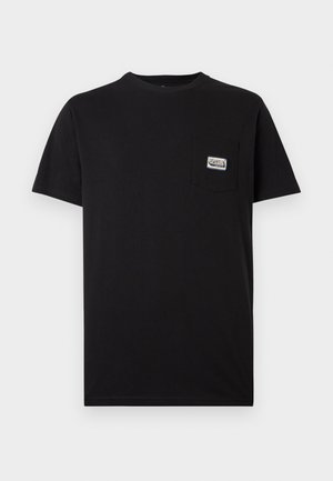 Black cotton t-shirt featuring a crew neck and short sleeves. Includes a left chest pocket with a colorful, branded patch.