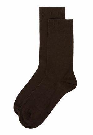 Calcetines de algodón marrón con una textura suave, puño acanalado y un diseño clásico hasta la rodilla. Color sólido y simple, sin patrones ni acentos visibles.