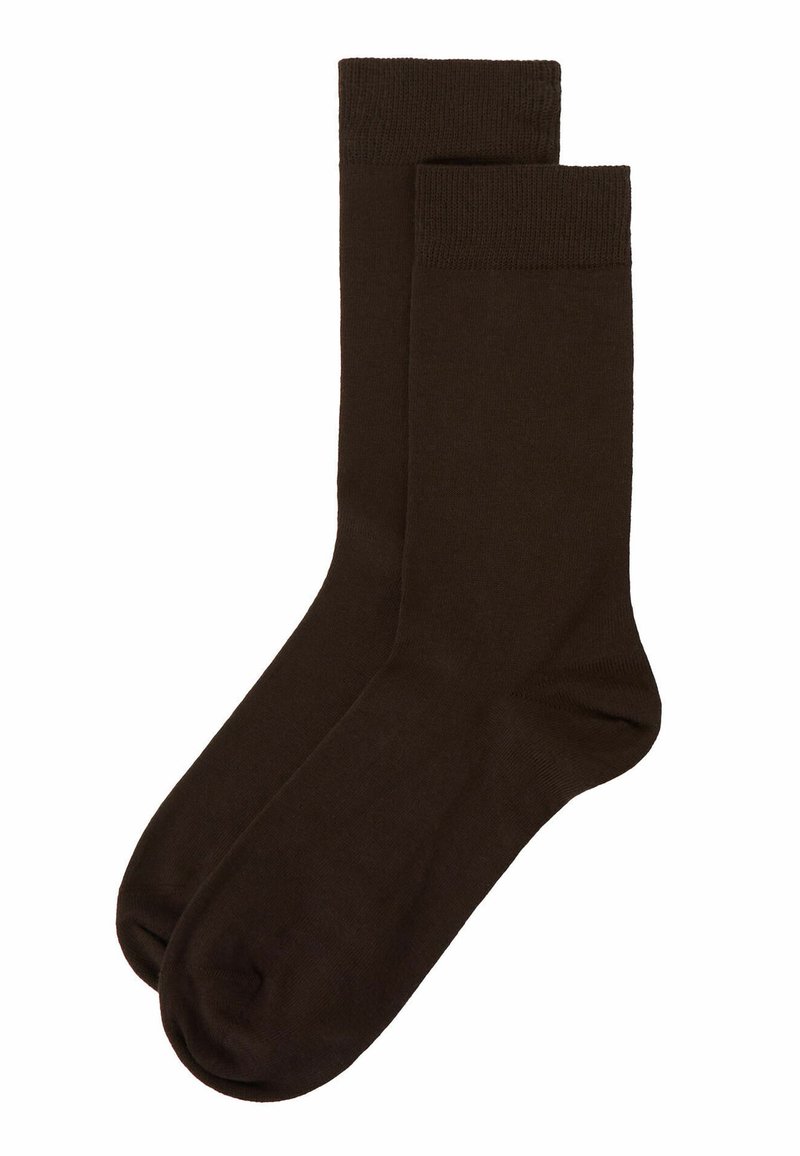Calcetines de algodón marrón con una textura suave, puño acanalado y un diseño clásico hasta la rodilla. Color sólido y simple, sin patrones ni acentos visibles.