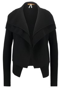 Cárdigan negro con un diseño frontal en capas, mangas acanaladas y un patrón de punto texturizado. Fabricado en tela suave con un frente abierto.