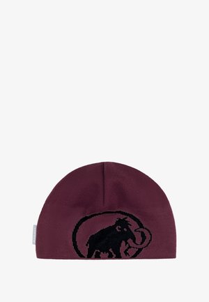 Bordeaux gestrickte Mütze mit einem gestickten schwarzen Mammut-Logo. Sie verfügt über eine runde Form und ein strukturiertes Material für Wärme.