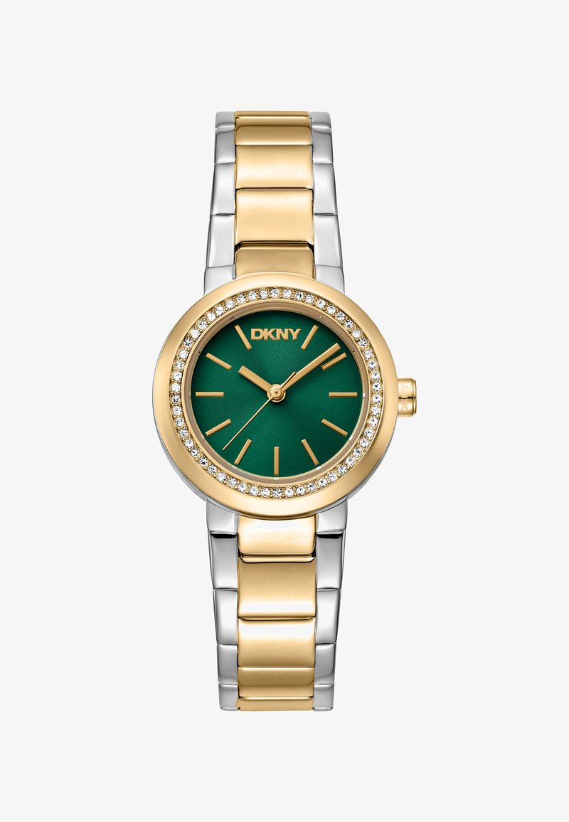 Gold- und silberner Metallarmbanduhr mit einem runden grünen Zifferblatt, goldenen Stundenmarkierungen und einem mit Kristallen besetzten Gehäuse, ausgestattet mit einem verlinkten Armband.