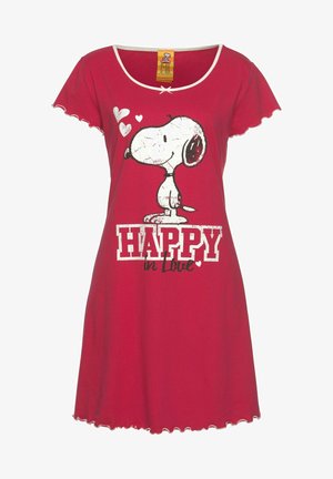 Rotes Nachthemd aus weichem Stoff, mit gewelltem Saum, kurzen Ärmeln und einem Grafikmotiv von Snoopy mit dem Text "GLÜCKLICH verliebt."
