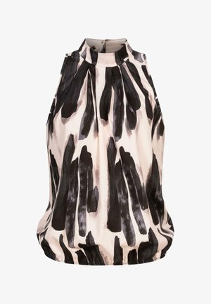 Bezramenná blůza s vysokým výstřihem z měkké látky, s béžovým podkladem a výrazným vzorem černých štětcových tahů, s nařaseným lemem pro uvolněný střih.