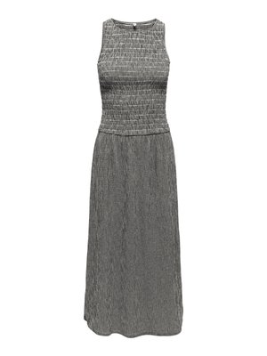 Hõlmateta mustvalge ruuduline midi-kleit, millel on keha järgnev ülakeha ja lehvitav seelik, ümmargune kaelus ning peen tekstuur.