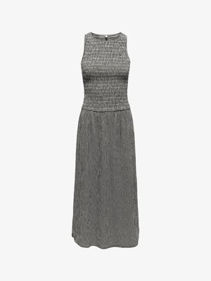 Hõlmateta mustvalge ruuduline midi-kleit, millel on keha järgnev ülakeha ja lehvitav seelik, ümmargune kaelus ning peen tekstuur.