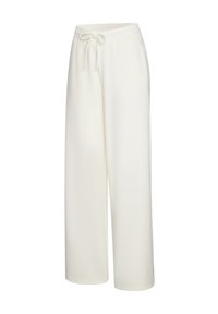 Weiße weite Hosen aus weichem Stoff, mit einem elastischen Bund und einem Kordelzug für eine verstellbare Passform, glatter Textur und minimalistischen Design.
