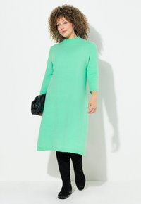 Abito lavorato a maglia verde menta con collo alto e maniche a tre quarti. Abbinato a stivali neri sopra il ginocchio e una borsa a tracolla nera.