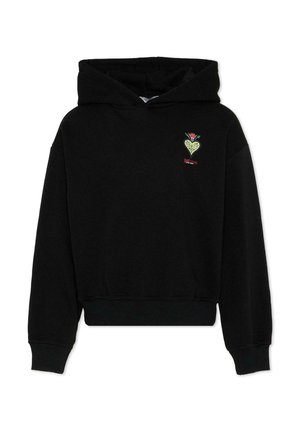 Sweat à capuche noir avec un cœur vert brodé et un motif de fleur rouge sur la poitrine, texte rouge en dessous du cœur, poignets et ourlet côtelés.