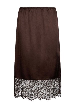 Hnedá midi sukňa s elastickým pásom a širokou kvetinovou čipkovou bordúrou na leme.