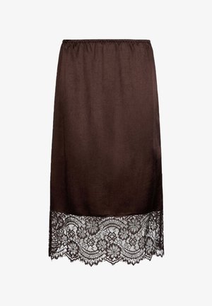 Hnedá midi sukňa s elastickým pásom a širokou kvetinovou čipkovou bordúrou na leme.