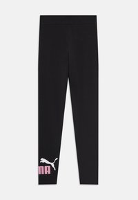 Leggings noirs en tissu extensible avec un logo Puma blanc et rose sur la jambe gauche. Texture lisse, design ajusté, longueur cheville.