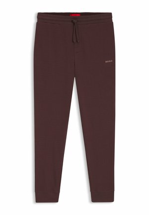 Viininpunaiset collegehousut teksturoidusta kankaasta, joissa on joustava vyötärönauha nyörillä ja vasemmassa lahkeessa logotunnus.