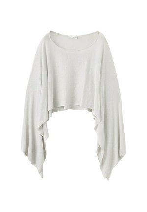 Svetlo sivi, ohlapen skrajšan pulover iz ohlapnega pletenja z širokim čolnizkim izrezom in dolgimi, padajočimi asimetričnimi rokavi.