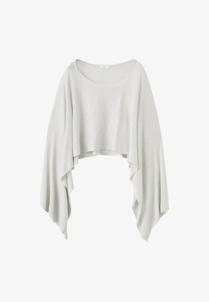 Lysegrå, løst strikket croppet sweater med bred bådhalsudskæring og lange, draperede asymmetriske ærmer.