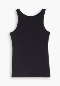 Svart ribbestrikket tanktopp med rund halslinje og brede skulderremmer. Har en tettsittende silhuett og en rett kant i bunnen.