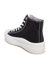 Baskets montantes en toile noire avec des lacets blancs et une semelle en caoutchouc, présentant des coutures blanches contrastantes et un embout arrondi.