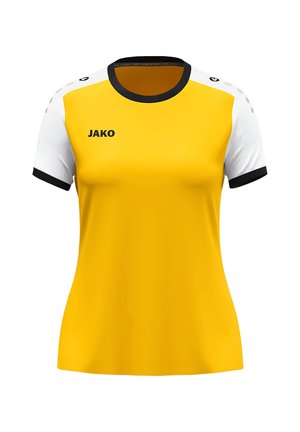Gelbes Sportshirt mit schwarzen Akzenten, weißen Ärmeln und rundem Halsausschnitt. Verfügt über das Logo "JAKO" auf der Vorderseite und Schulterdetails.