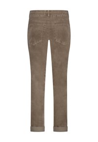 Bukser i ribfløjl i brun med taljebånd, to baglommer og manchetter ved anklerne. Tekstureret stof med lodrette riller.