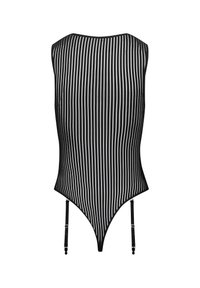 Bodysuit à rayures noires et blanches avec un design sans manches, texture transparente et bretelles ajustables en bas pour un silhouette ajustée.