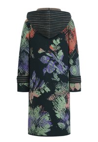 Floral-patterned coat in dark green, featuring a striped hood, three-quarter sleeves, and textured fabric with shades of purple, pink, and green.