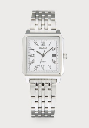 Silver metal watch with a square case, white face, Roman numerals, and a linked bracelet design. Water-resistant to 50 meters.