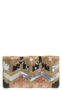 Torebka kopertowa z koralikami w kolorach złotym, różowym, czarnym i srebrnym; wzór w jodełkę; prostokątny kształt; ozdobne detale z teksturowaną powierzchnią.