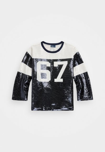 Long-sleeve shirt with a round neckline, featuring a navy and silver sequin design and white number "67" on the front.