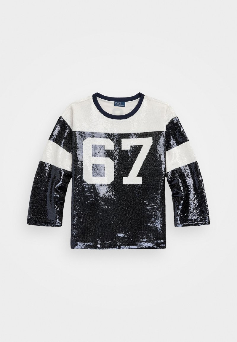 Chemise à manches longues avec un col rond, ornée d'un design en sequins bleu marine et argent ainsi que du numéro "67" en blanc sur le devant.