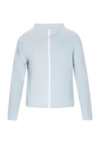 Helles blaues Sportjacke mit hohem Kragen, durchgehendem weißen Reißverschluss, langen Ärmeln und Seitentaschen. Glatte Textur, minimalistisches Design.