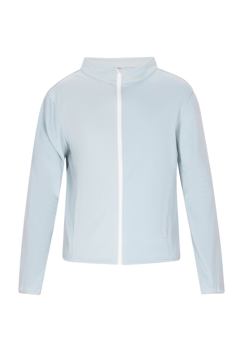 Helles blaues Sportjacke mit hohem Kragen, durchgehendem weißen Reißverschluss, langen Ärmeln und Seitentaschen. Glatte Textur, minimalistisches Design.