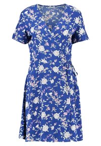 Kukallinen kietaisumekko syvässä sinisessä, jossa on lyhyet hihat, V-p Elisabeth ja vyötäröllä sidontanauhat. Kuvio koostuu valkoisista ja vaaleanpunaisista kukista vihreillä yksityiskohdilla.