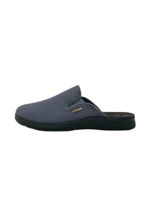 Pantofole in tessuto grigio con superficie texturizzata, design slip-on, suola in gomma nera e un piccolo dettaglio del logo dorato sul lato.