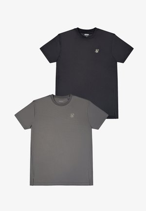 Two short-sleeve crew neck T-shirts, one black and one gray, each with a small embroidered logo on the left chest.