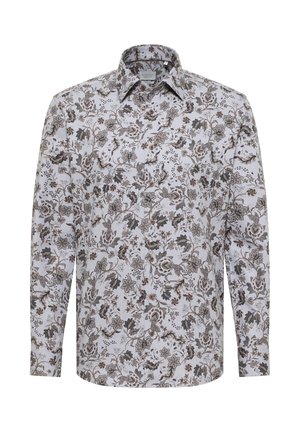 Langärmliges Hemd mit weißem Hintergrund und filigranen braunen Blumen- und Blattmustern. Klassischer Kragen und knöpfbare Vorderseite.