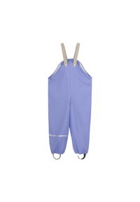 Paarse waterdichte overalls met beige verstelbare bretels, elastische manchetten en een reflecterende streep nabij de onderkant. Glad van textuur.