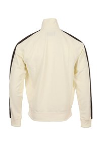 Crèmekleurige trui met een hoge kraag en donkerbruine zijstrepen op de schouders. Zachte textuur, geribbelde manchetten en zoom.