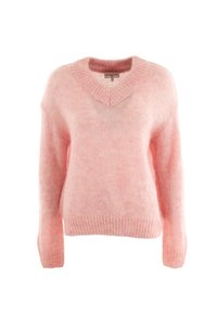 Maglione rosa, fluffy, lavorato a maglia con scollo a V, maniche lunghe e polsini e bordo a coste. Morbido al tatto con un leggero effetto di colore sfumato.