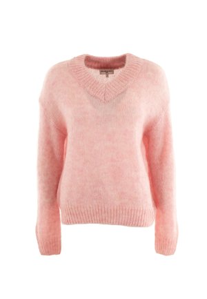 Pull en tricot rose et moelleux avec un col en V, des manches longues, et des bords et ourlet côtelés. Texture douce avec un léger effet de dégradé de couleur.