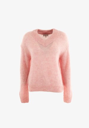 Suéter rosa, esponjoso y de punto con escote en V, mangas largas y puños y dobladillo acanalados. Textura suave con un ligero efecto de degradado en el color.