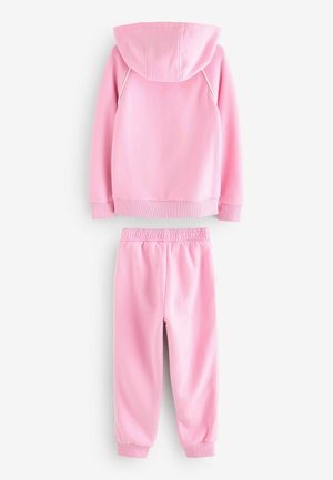 Roze katoenen hoodie met een trekkoord in de capuchon en geribbelde mouwen, gecombineerd met bijpassende roze sweatpants met elastische tailleband. Zachte textuur, casual pasvorm.