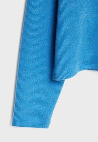 Maglione in misto cotone di un blu brillante con texture a coste. Presenta una manica leggermente oversize e un orlo curvo. Senza hardware visibile.