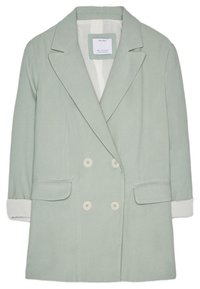 Dvojřadý blejzr ve světle zelené látce s klopami, bočními kapsami a krémovými akcenty na manžetách. Čtyři světlé knoflíky vpředu.