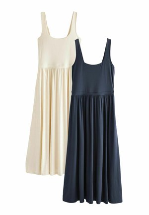 Zwei ärmellose Midikleider mit Rundhalsausschnitten, eines in Creme und eines in Marineblau, nebeneinander auf einem weißen Hintergrund präsentiert.