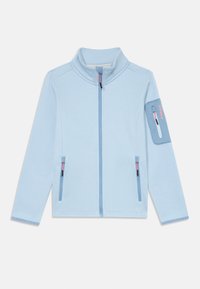 Giacca leggera azzurra con zip, realizzata in tessuto testurizzato, dotata di due tasche frontali, una tasca sul braccio e dettagli rosa a contrasto sulle zip.
