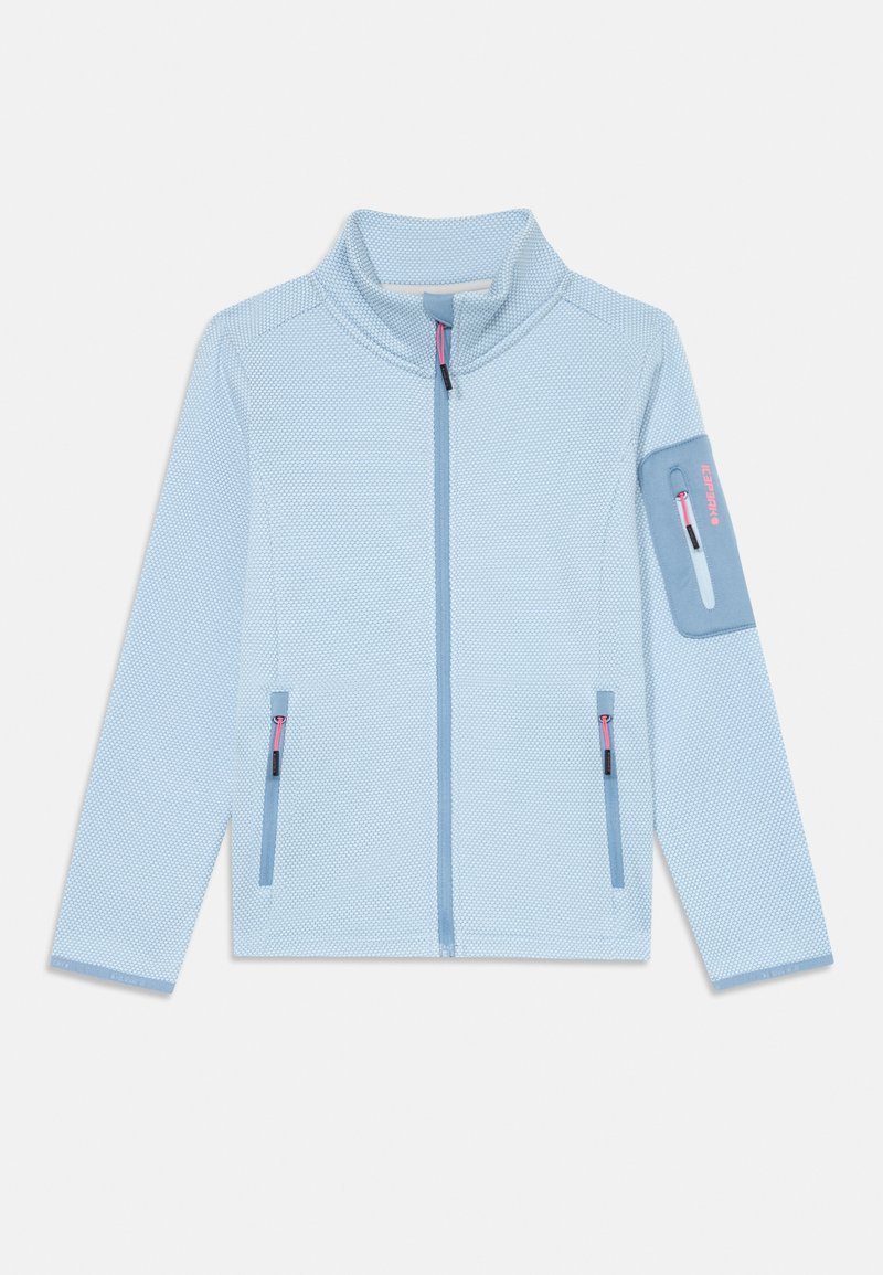 Hele helesinine tõmblukuga jakk tekstureeritud kangast, millel on kaks esikotti, üks varrukakott ja kontrastsed roosa aktsendid tõmblukkudel.