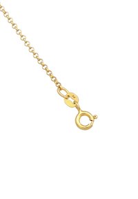 Collana in metallo dorato con chiusura a moschettone, caratterizzata da anelli rotondi e una superficie liscia. Notevole per la sua finitura lucida e il meccanismo di chiusura sicuro.