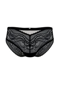 Czarne koronkowe majtki z kwiatowym wzorem, półprzezroczysta tkanina, solidny pas i falbany wzdłuż otworów na nogi.