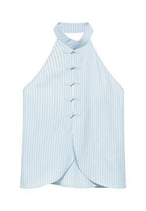 Haut sans manches à col halter avec des rayures verticales bleues et des boutons décoratifs en forme de nœud sur le devant, avec un ourlet arrondi superposé.