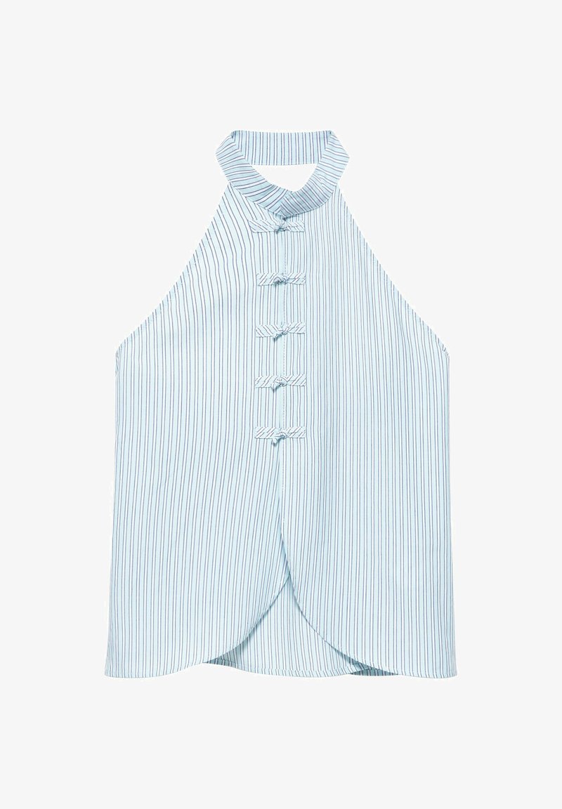 Haut sans manches à col halter avec des rayures verticales bleues et des boutons décoratifs en forme de nœud sur le devant, avec un ourlet arrondi superposé.